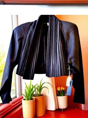 Black Linen Bolero Long Sleeve Knife Pleats Vintage 80's Womens Medium New